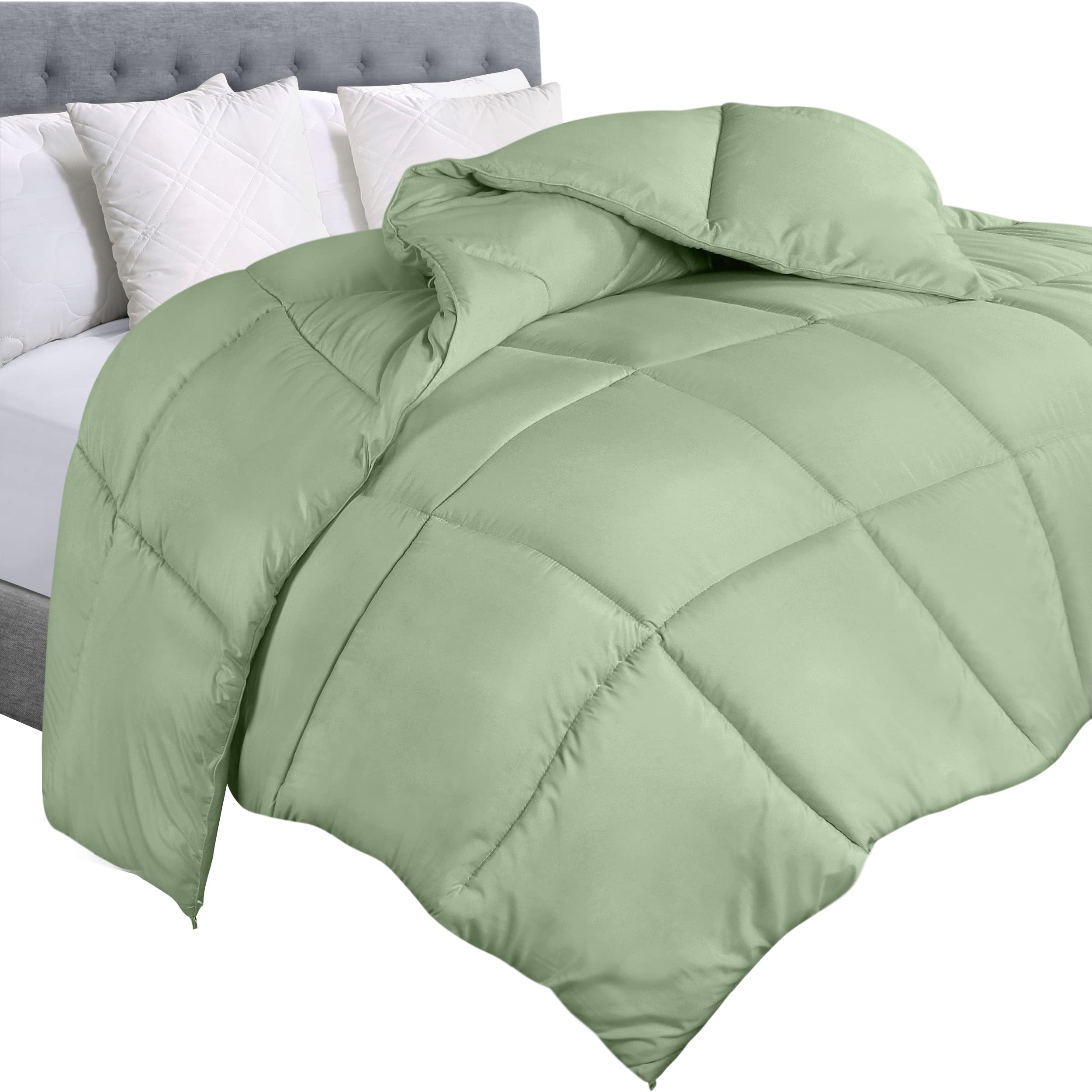Utopia Bedding queen comforter in sage green fabric showing soft fluffy feel for year-round comfort.