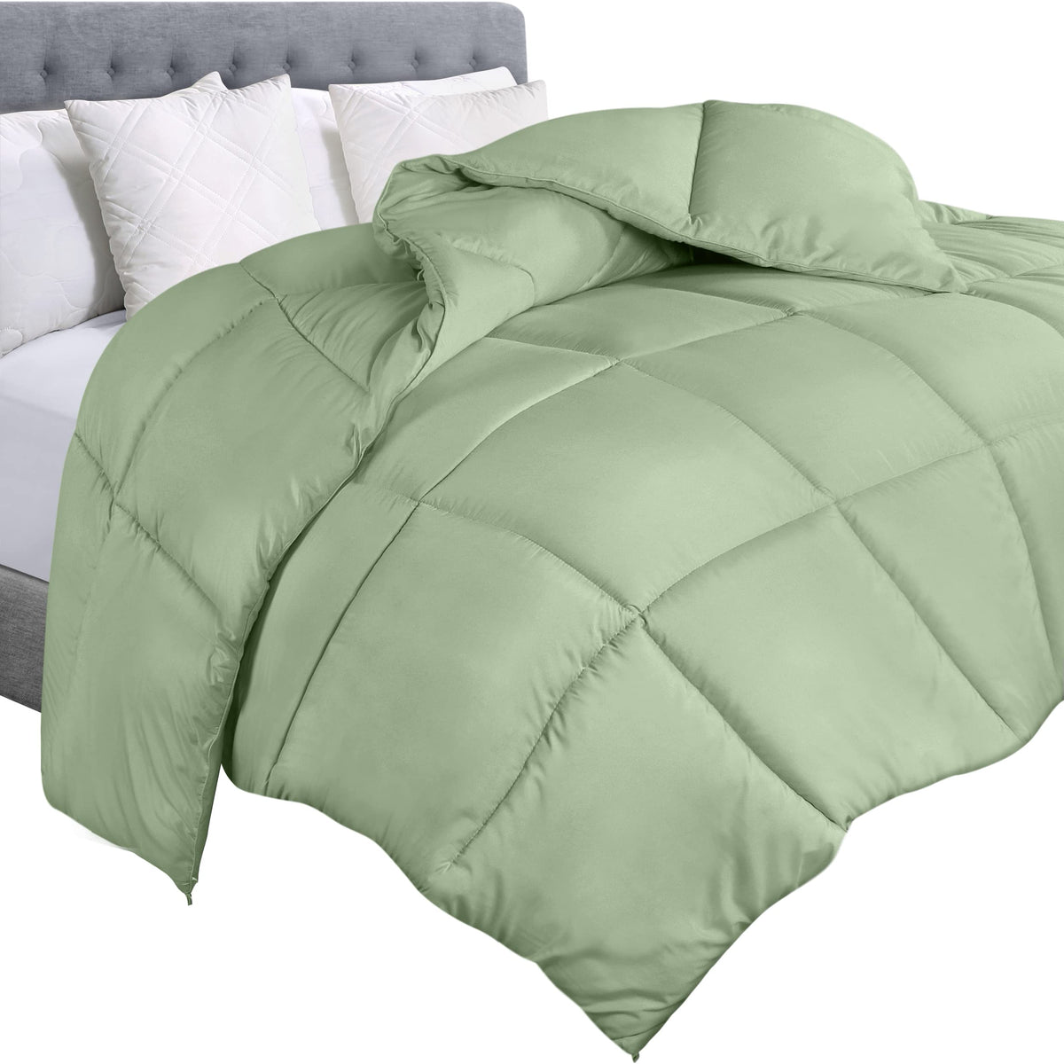 Utopia Bedding queen comforter in sage green fabric showing soft fluffy feel for year-round comfort.