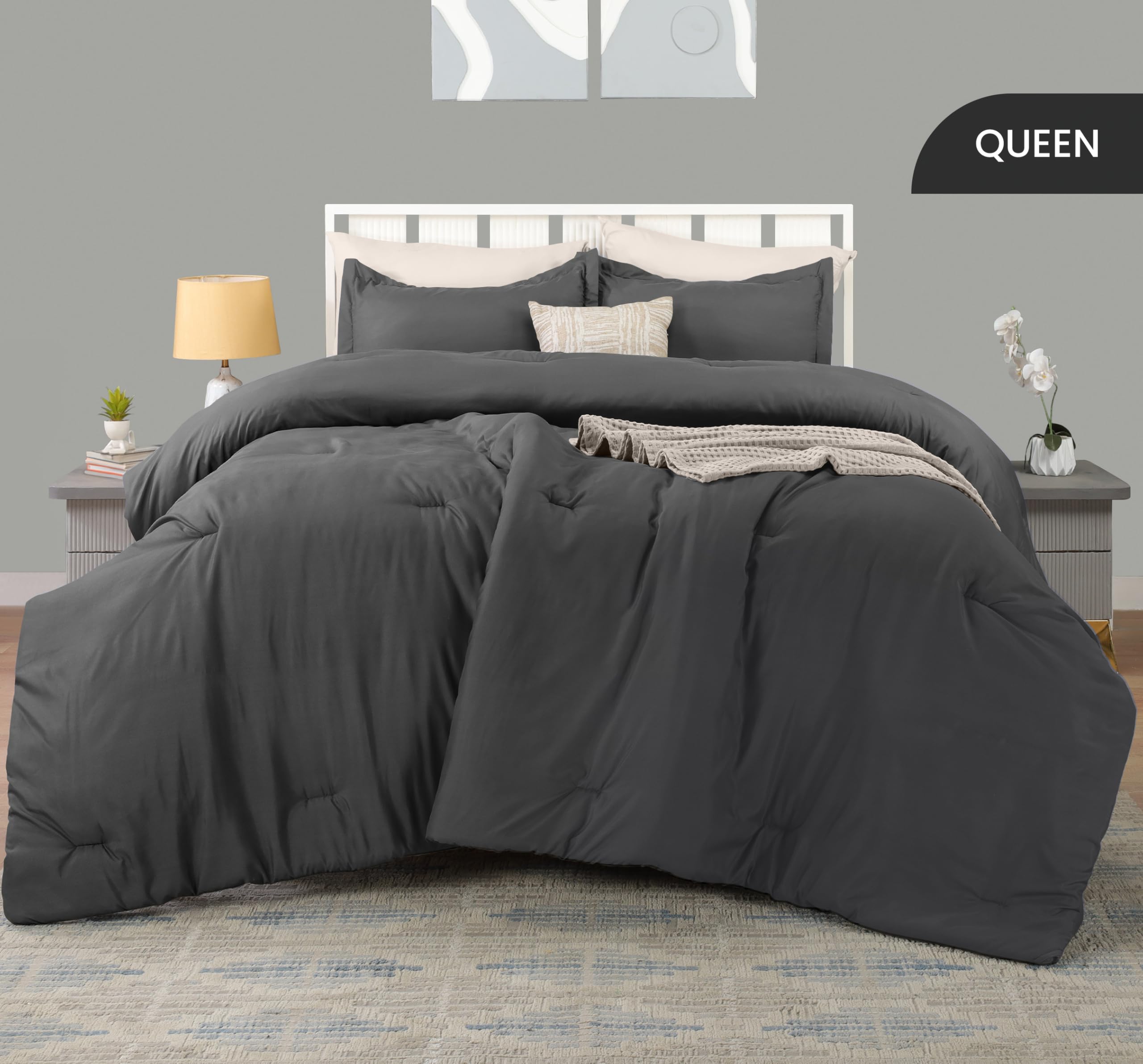 Utopia Bedding queen grey comforter set folded, plush fill and durable stitching