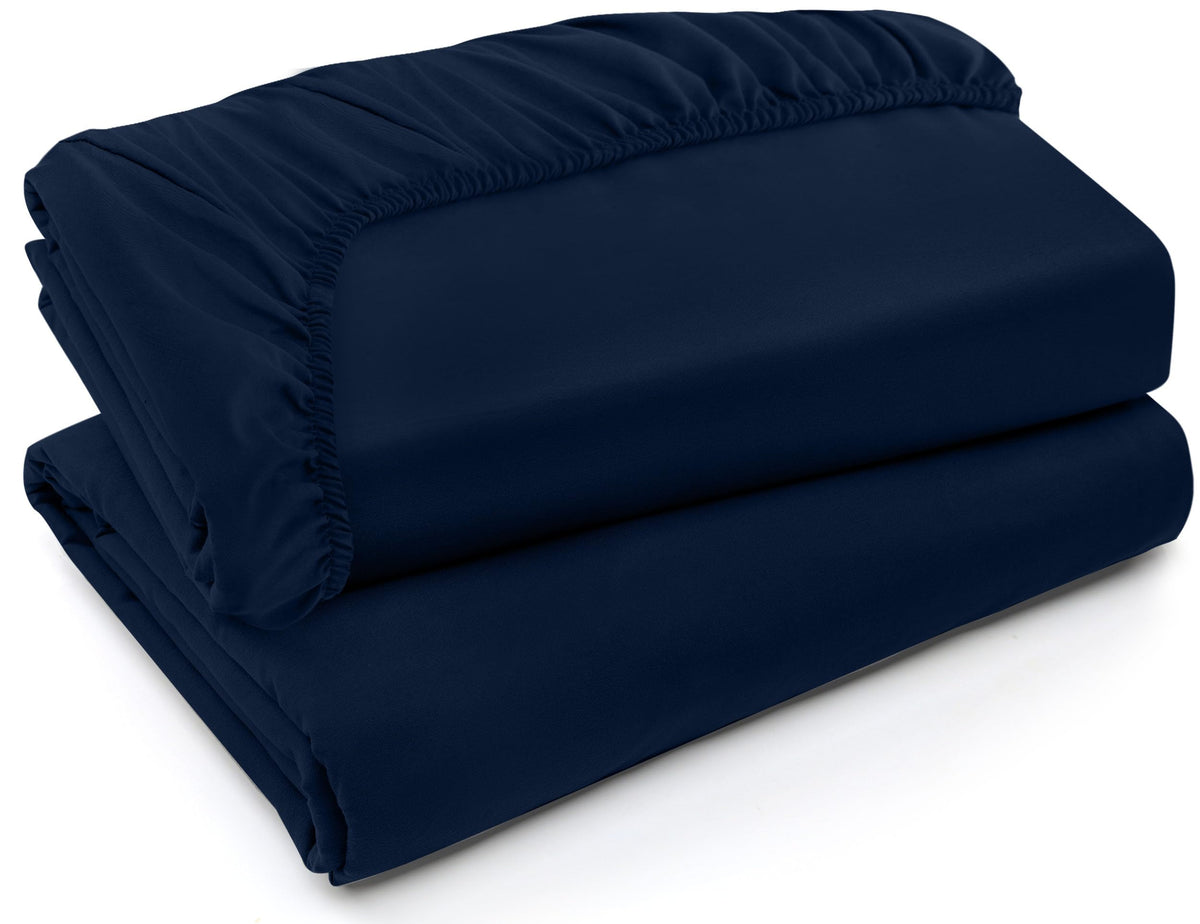 Utopia Bedding queen navy fitted sheet on bed showing secure 15-inch pocket fit