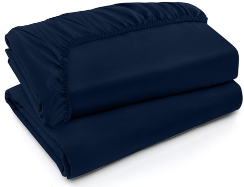 Utopia Bedding queen navy fitted sheet on bed showing secure 15-inch pocket fit
