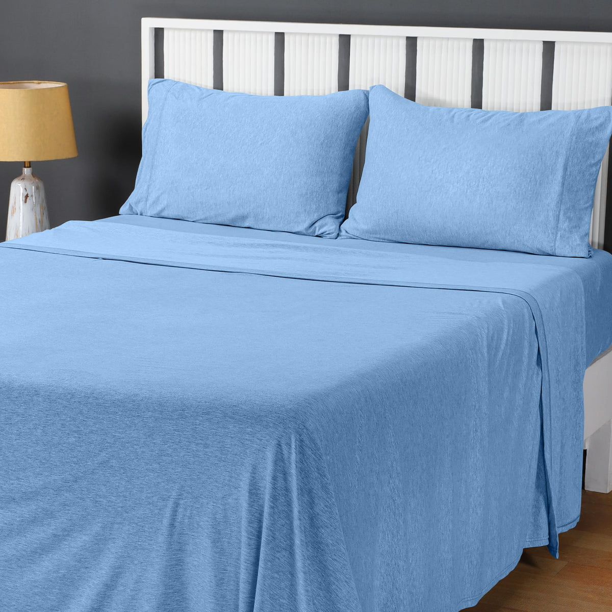 Utopia Bedding queen jersey-knit sheet set in Heather Sky Blue folded, soft and cozy for restful nights