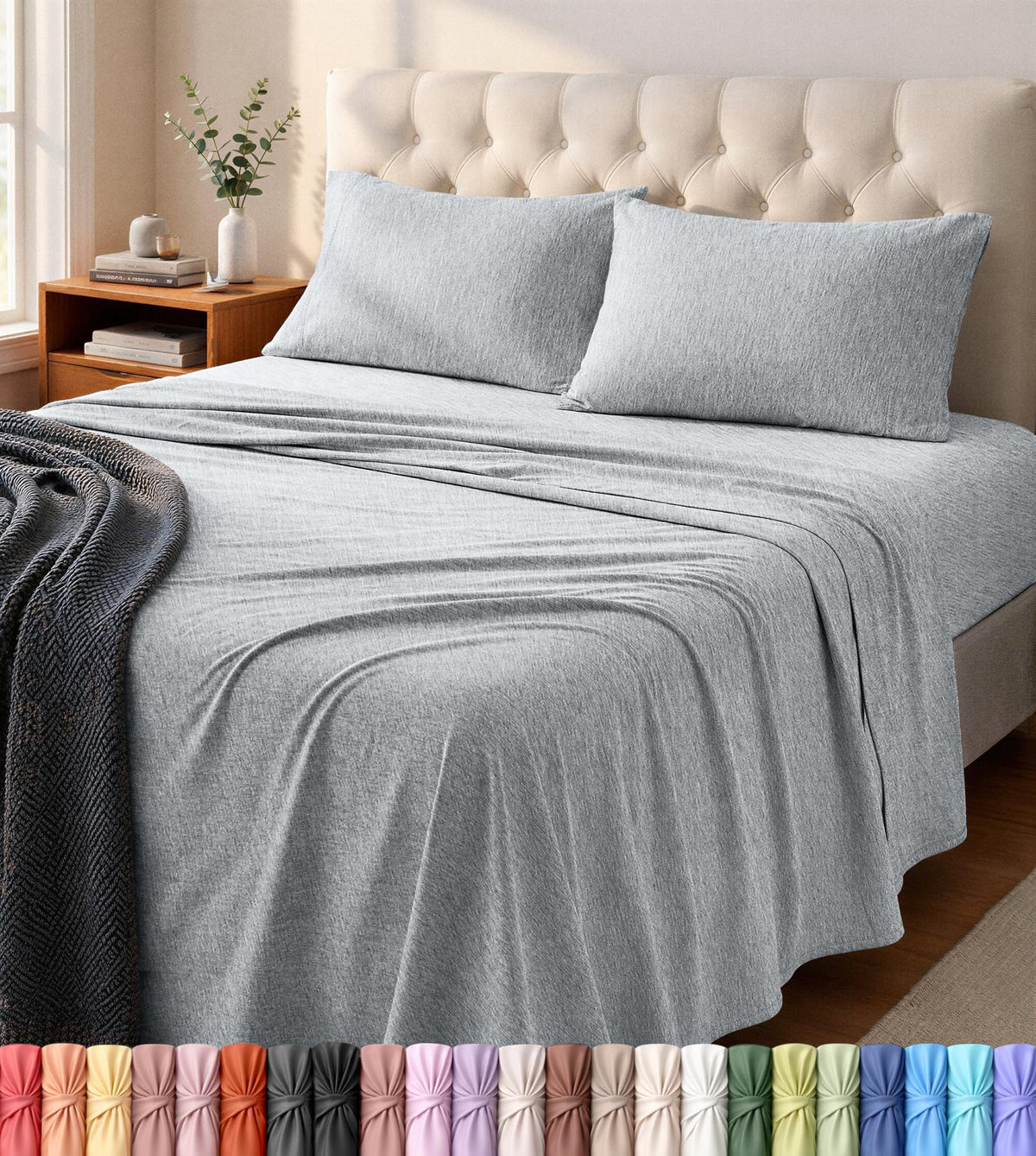 Utopia Bedding queen jersey sheet set on bed offers soft, flexible comfort.