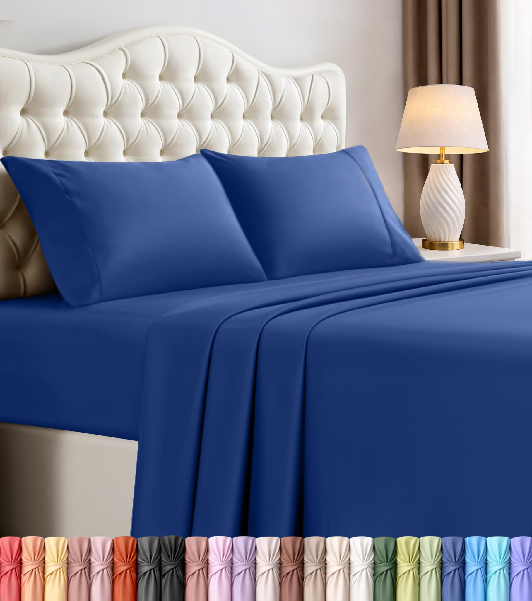 Utopia Bedding royal blue flat sheet on a queen bed showing smooth microfiber