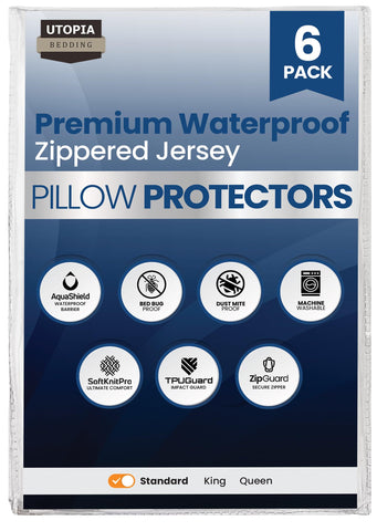 Utopia Bedding set of six pillow protectors on a bed, showcasing standard 20x26 inch fit for clean sleep.