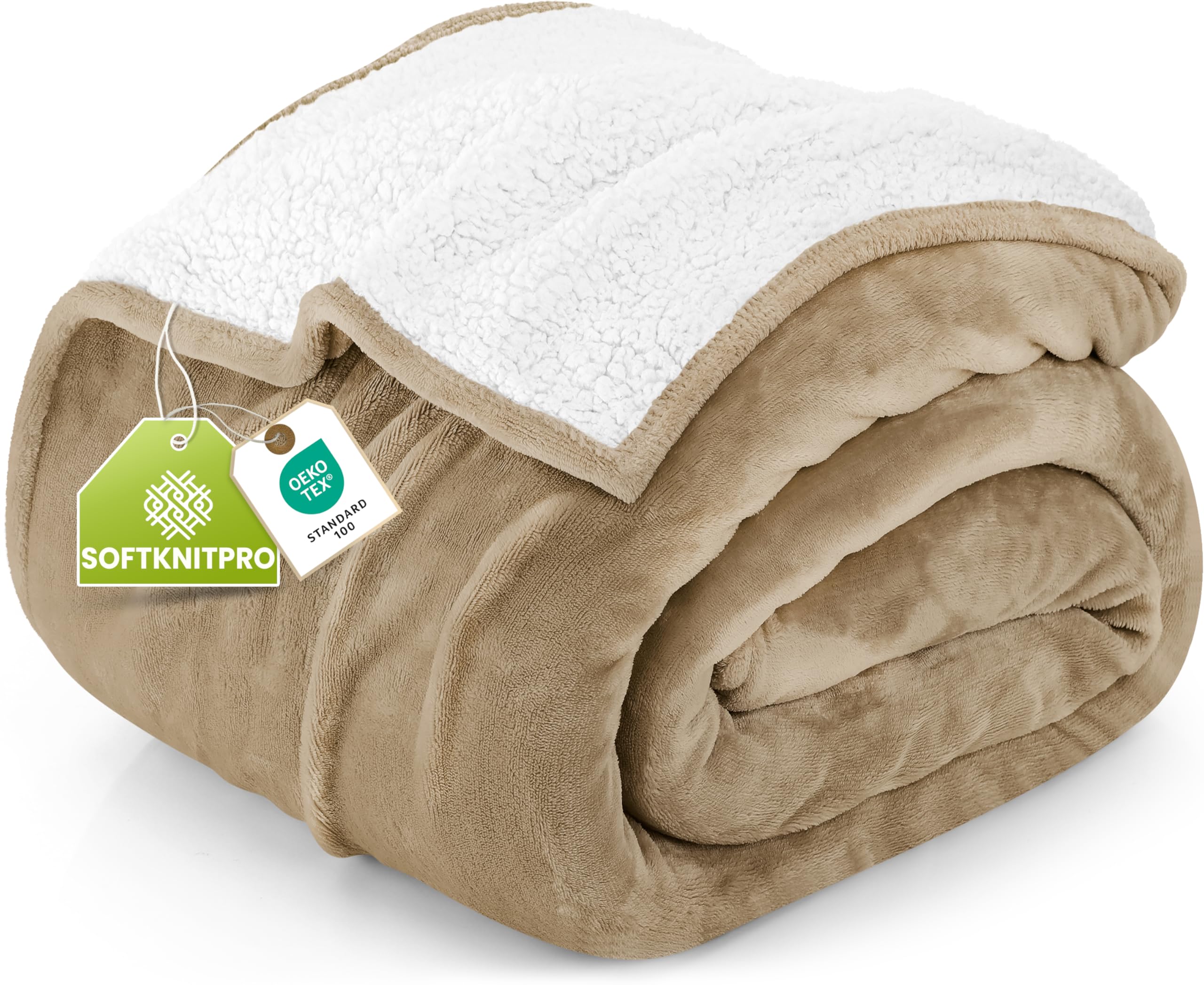Utopia Bedding Sherpa Blanket in camel on a bed for cozy warmth.