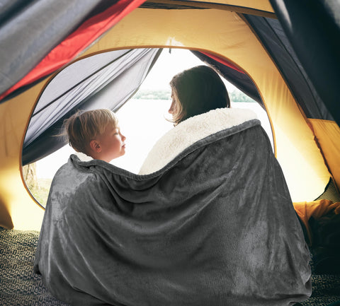 Utopia Bedding Sherpa Blanket camping setup demonstrating portable warmth in grey