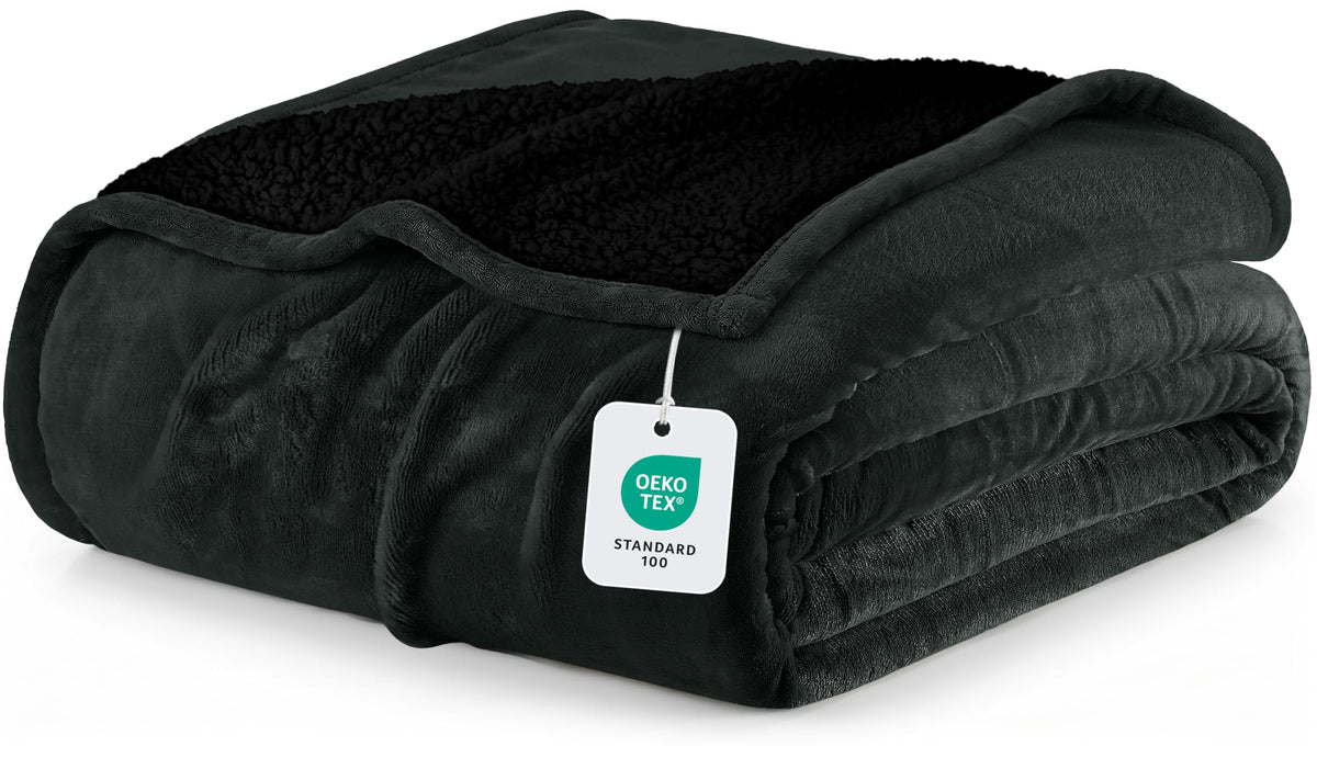 Utopia Bedding Sherpa blanket draped on bed for luxurious warmth