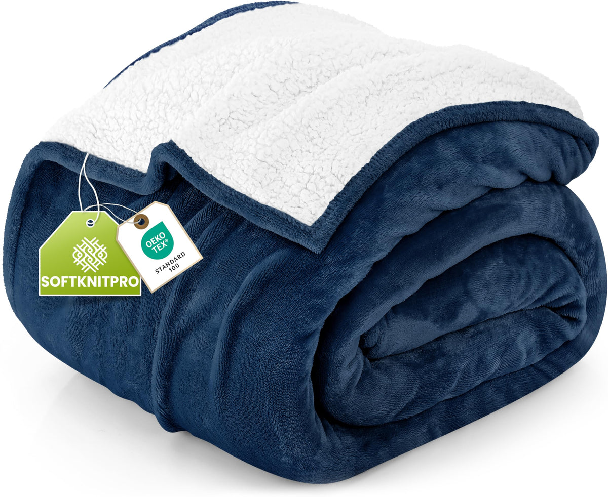 Utopia Bedding Sherpa Blanket front view in navy offers plush warmth