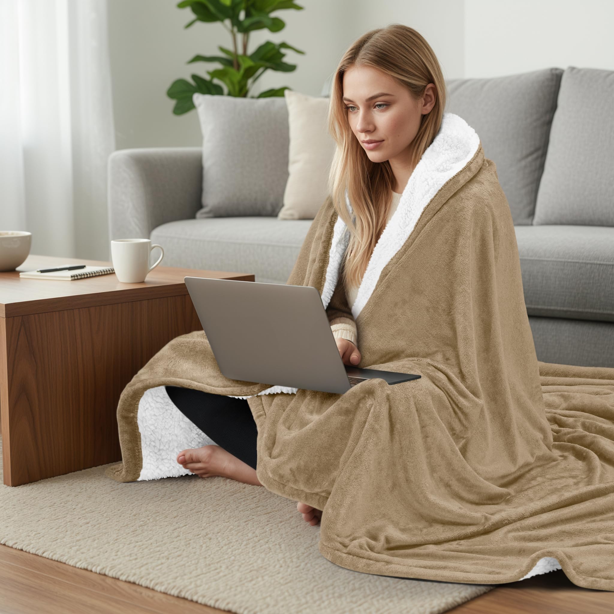 Camel color blanket displayed in a cozy picnic scene.