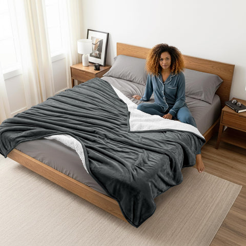 Utopia Bedding Sherpa Blanket travel-friendly compact form in grey
