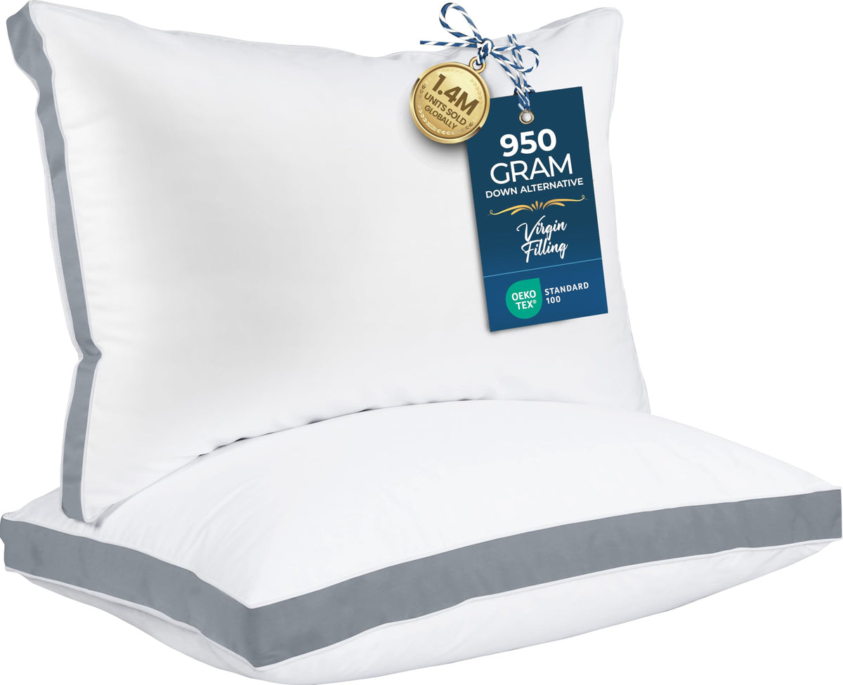 Utopia Bedding standard two-pack pillows laid out for bed setup, with balanced softness and support.