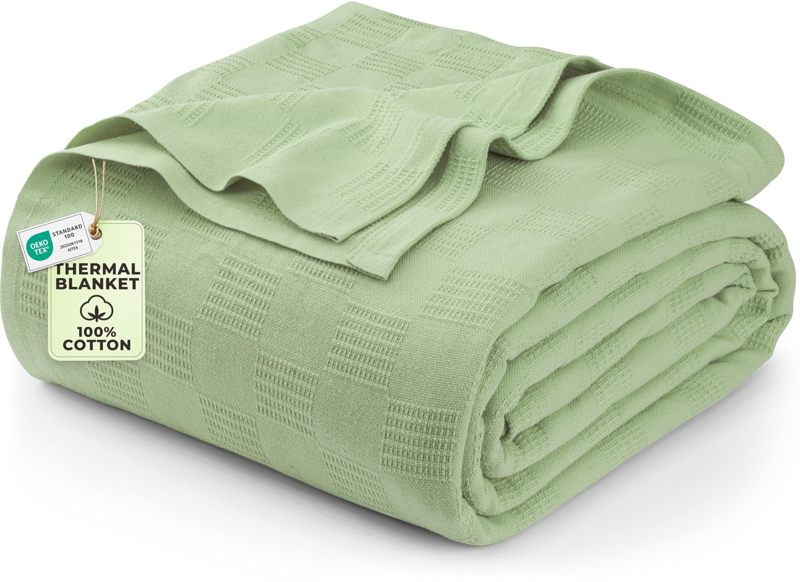 Utopia Bedding thermal blanket in sage green folded on bed shows lightweight, cozy warmth