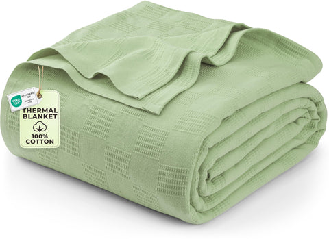 Utopia Bedding thermal blanket in sage green folded on bed shows lightweight, cozy warmth
