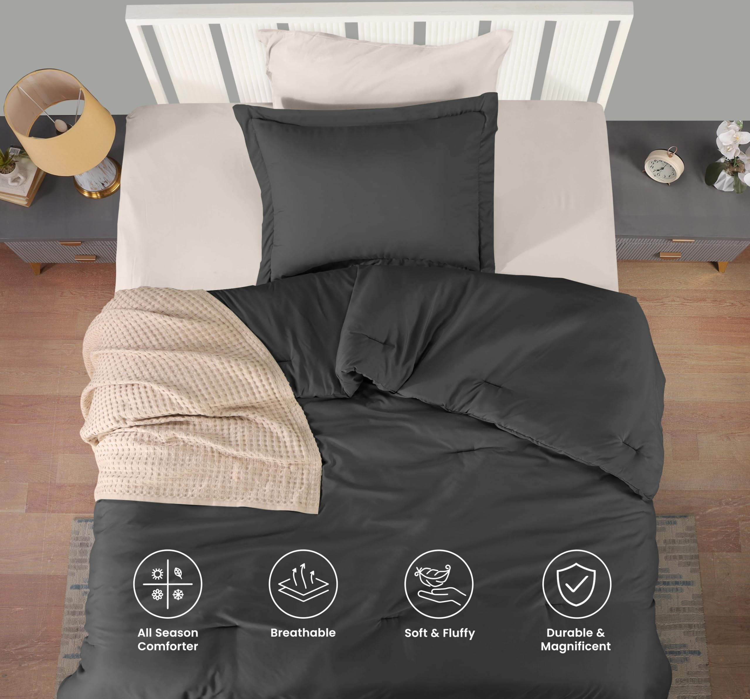 Utopia Bedding Twin Comforter Grey on bed demonstrates modern, elegant bedroom styling.