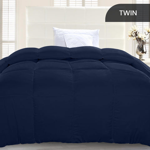 Utopia Bedding box-stitched navy duvet insert shows even loft and durable edges.
