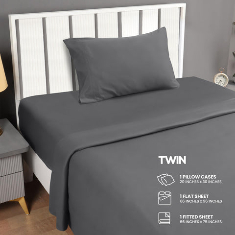 Utopia Bedding twin sheet set on bed in dark grey, showcasing fit.