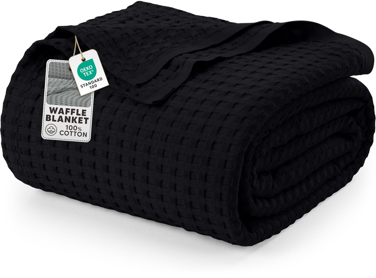 Utopia Bedding waffle blanket in black king size viewed from the side for cozy warmth.