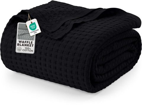 Utopia Bedding waffle blanket in black king size viewed from the side for cozy warmth.