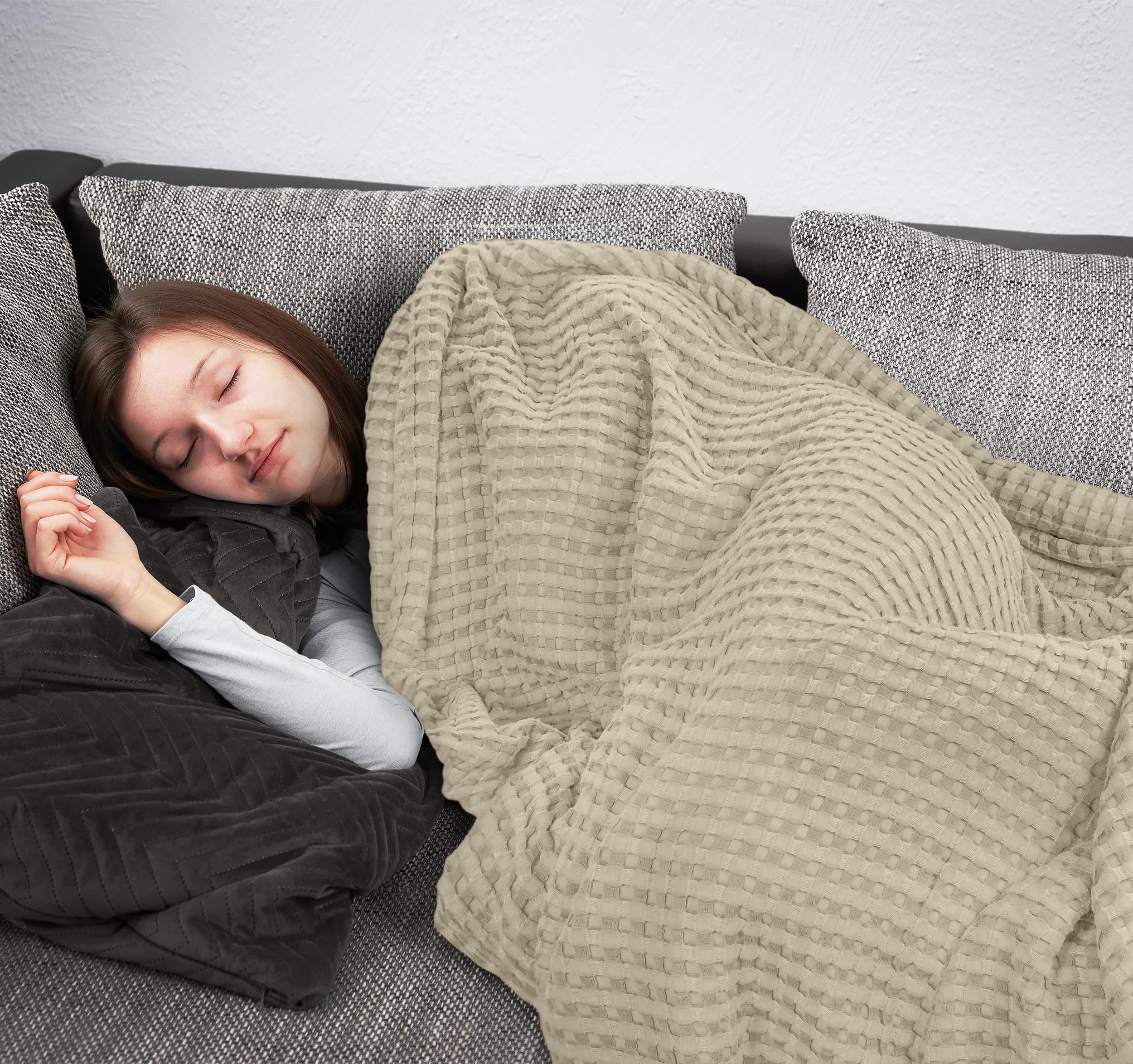 Utopia Bedding lifestyle shot featuring Khaki waffle blanket in cozy living room.