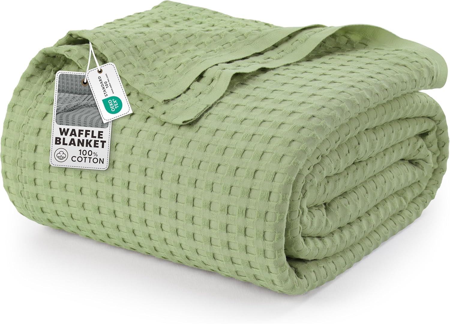 Utopia Bedding waffle weave blanket queen sage green shown on bed, breathable comfort