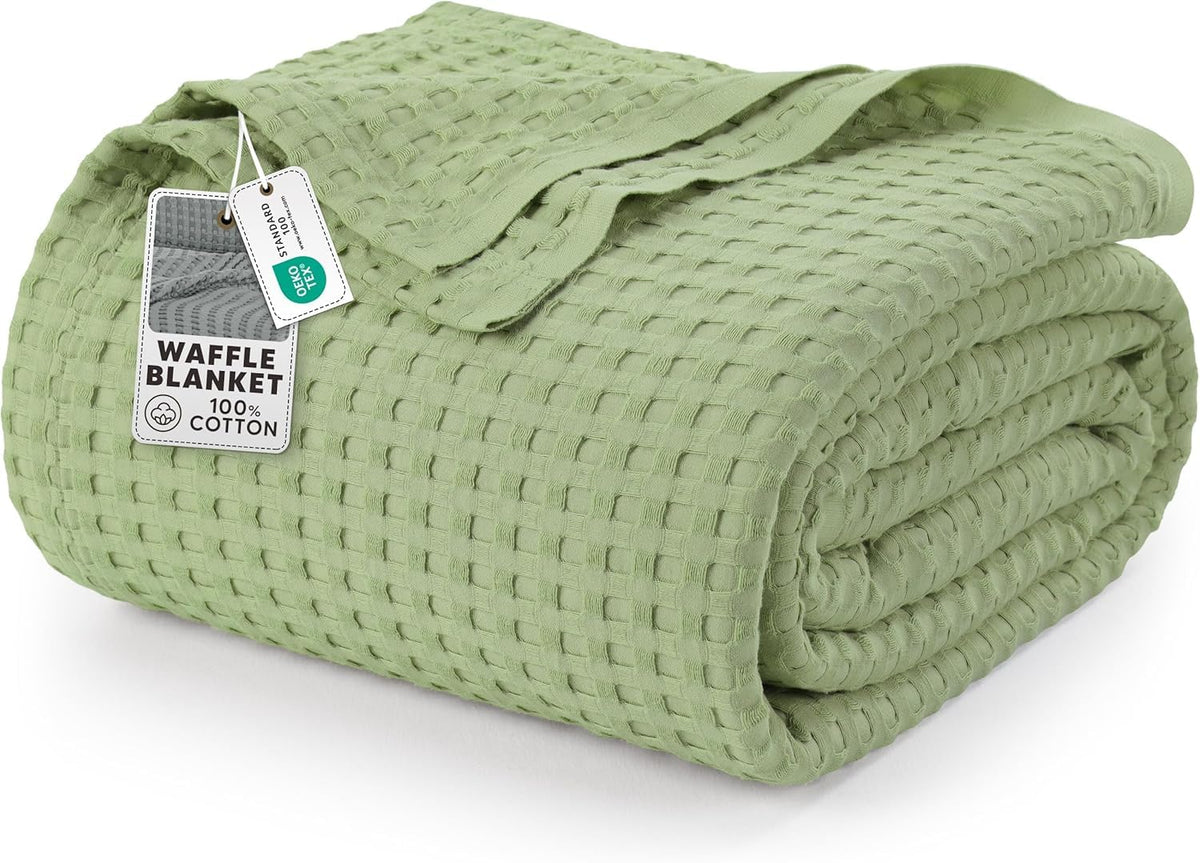 Utopia Bedding waffle weave blanket queen sage green shown on bed, breathable comfort