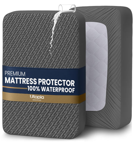 Utopia Bedding waterproof mattress protector on a California King bed for dry, clean sleep.