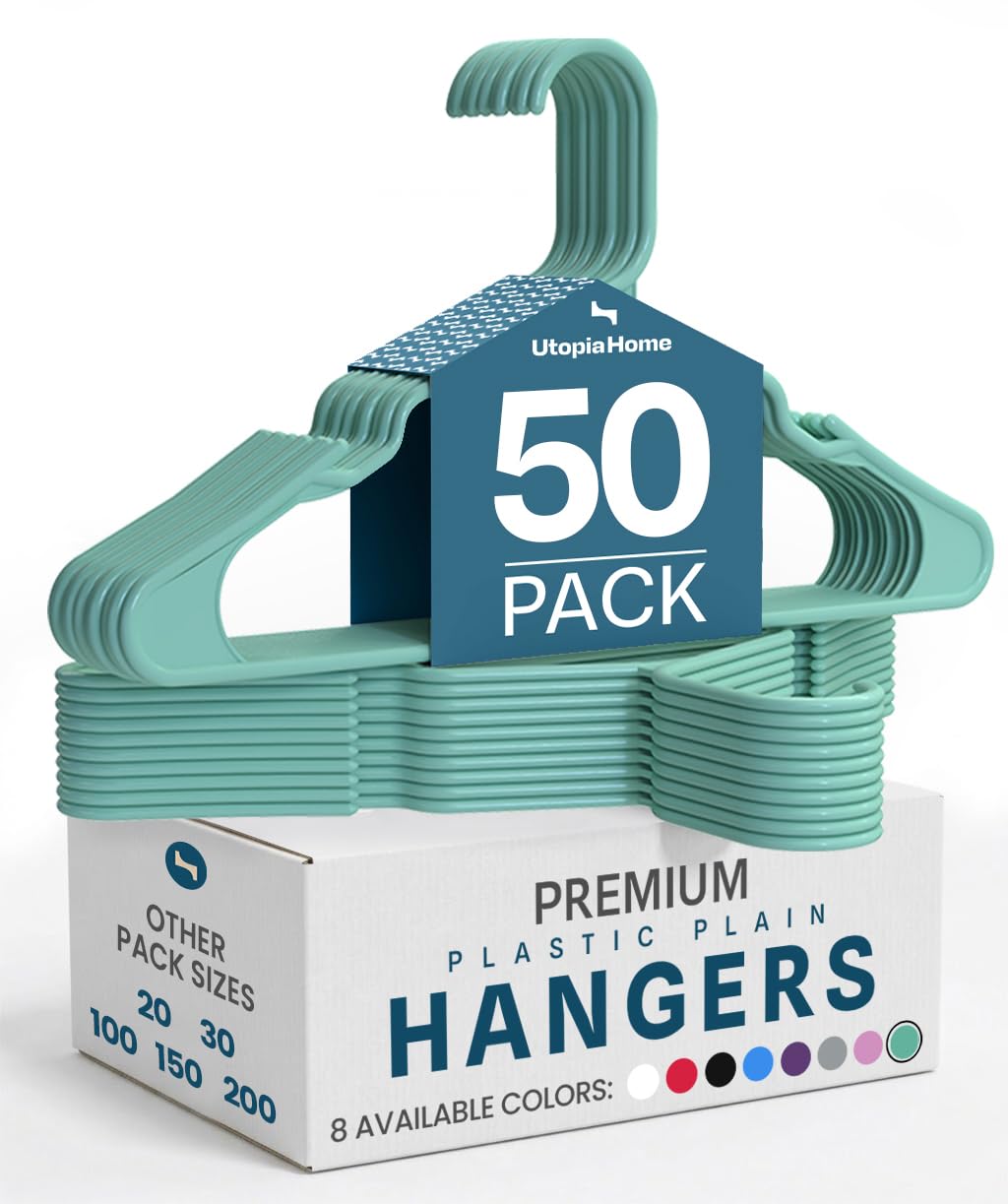 Utopia Home Aqua plastic hangers offer space-saving organization for closets.