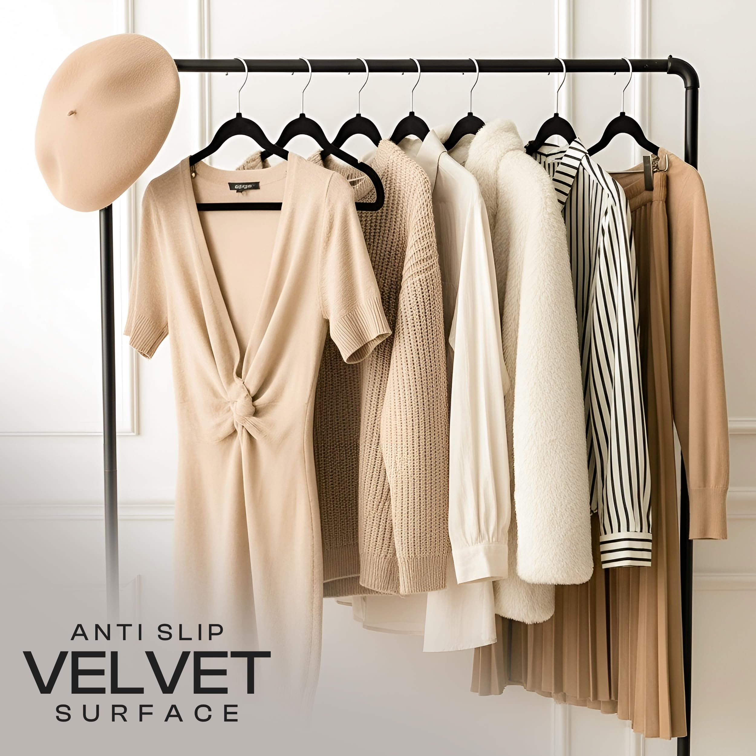 Utopia Home black velvet hangers offer cohesive, clutter-free closets.