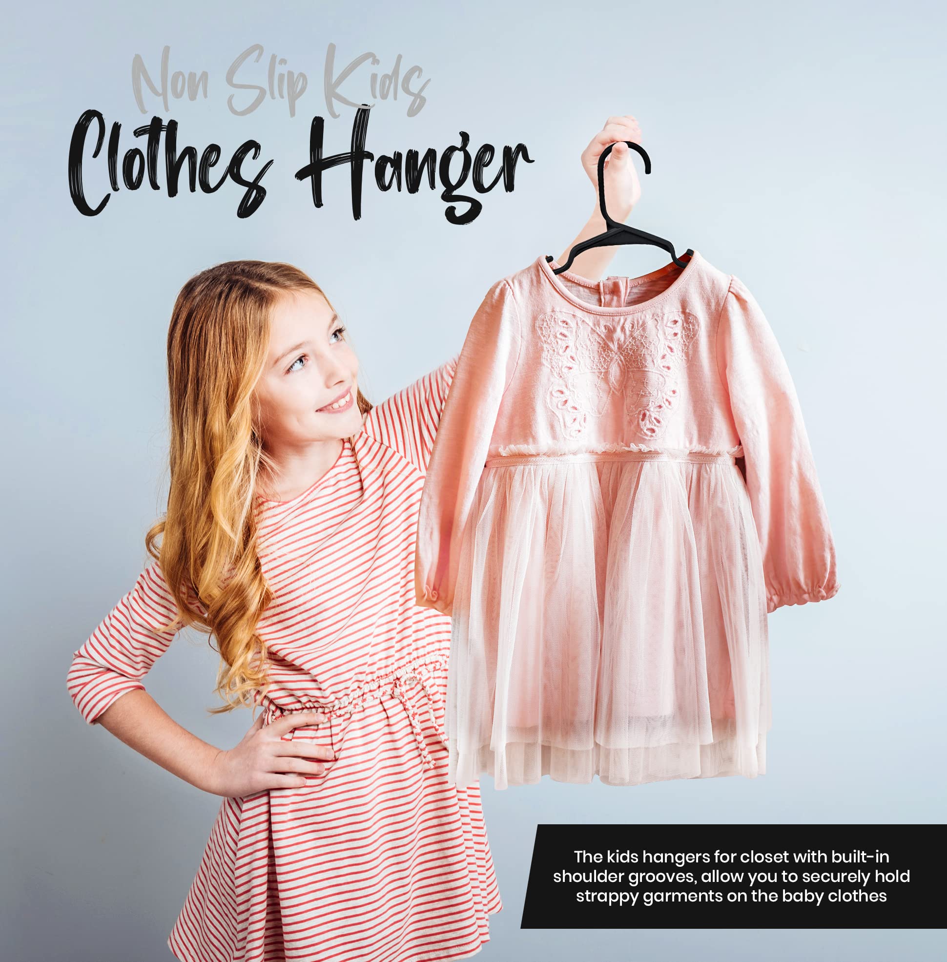 Utopia Home Kids Hangers narrow design saves closet space for more outfits.