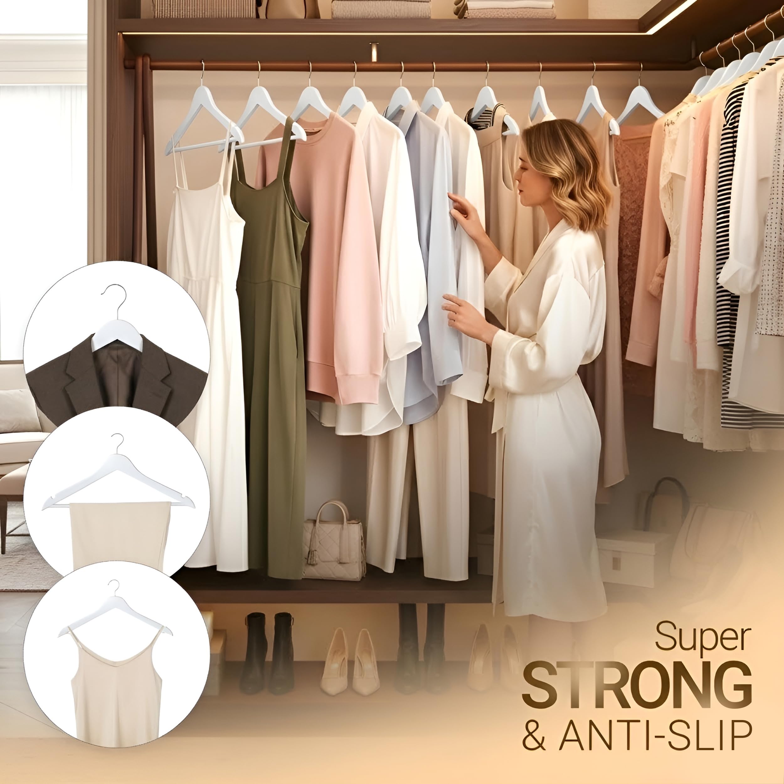 Utopia Home packaged wooden hangers for neat wardrobe setup.