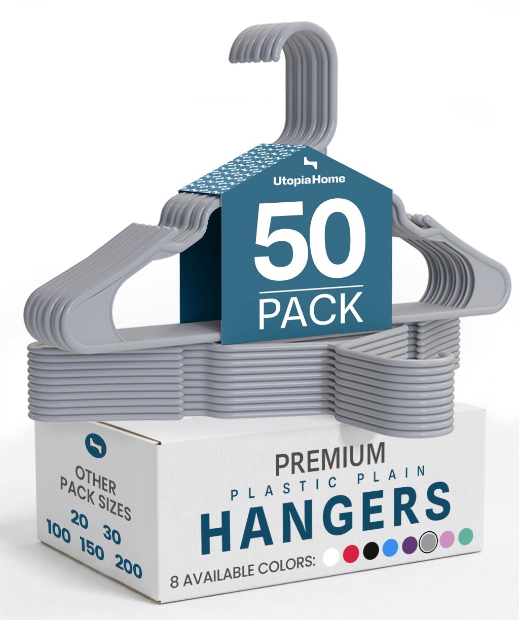 Utopia Home plastic hangers 50-pack for closet organization and easy outfit viewing.