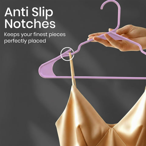 Utopia Home pink hangers on rod illustrating sturdy support for garments