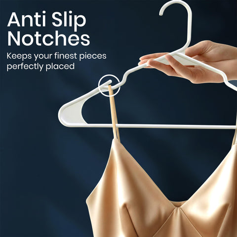 Utopia Home hangers with built-in strap hooks secure delicate straps.