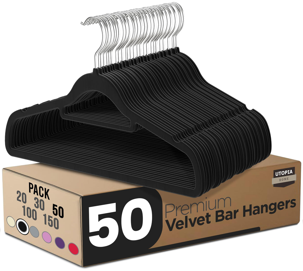 Utopia Home Premium Velvet Hangers 50-pack, front view keeps garments organized and wrinkle-free.