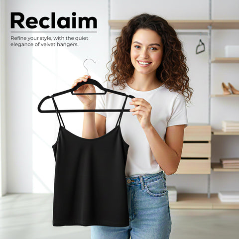 Utopia Home Velvet Hangers with tie bar detail for organized outfits.