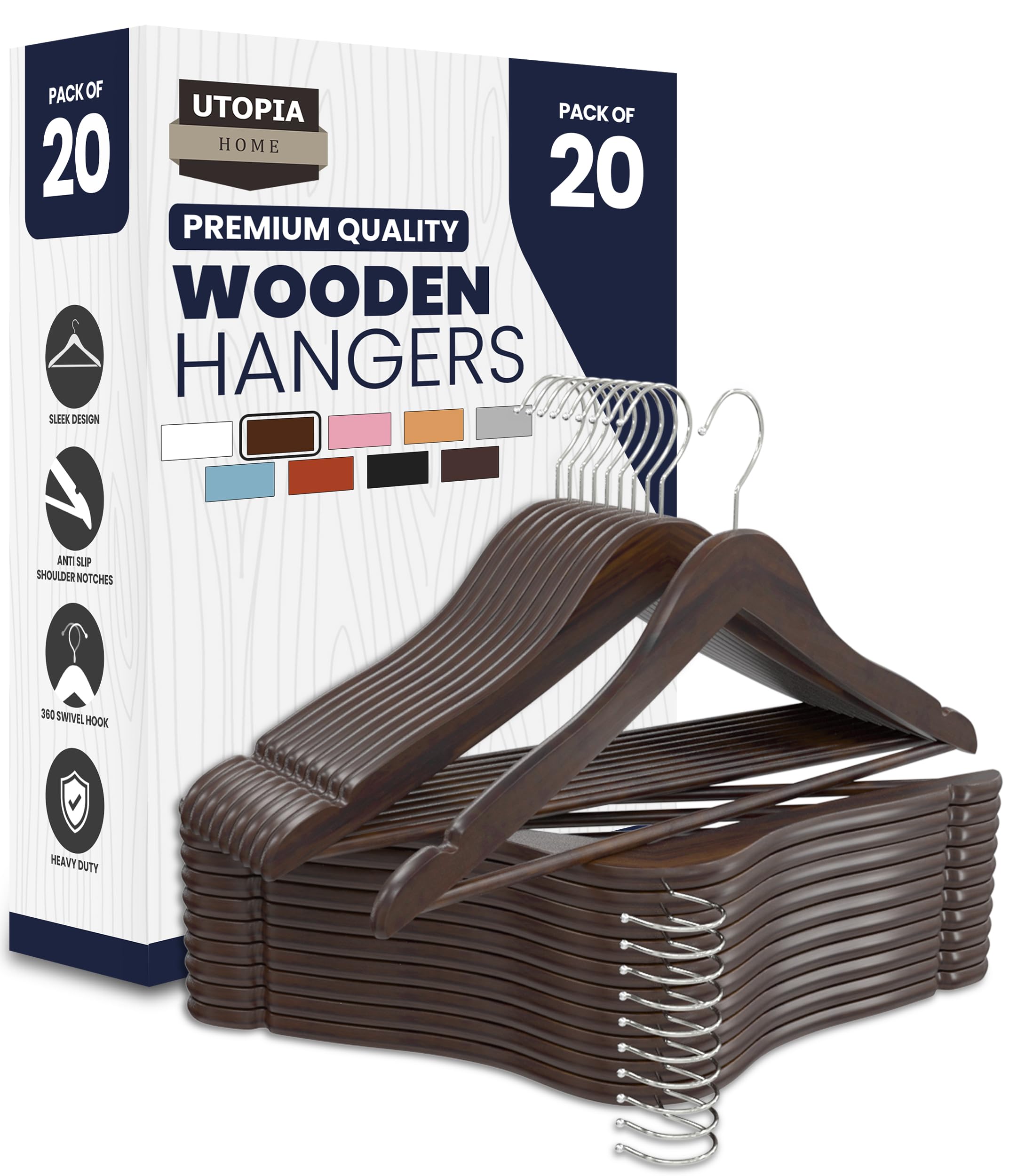 Utopia Home premium wooden hangers set with 360-degree hook, neatly organized garments.