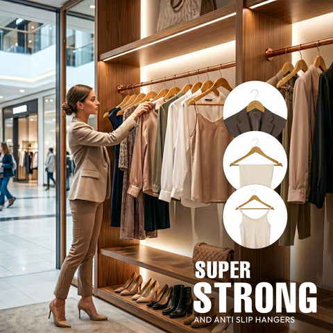 Utopia Home heavy-duty wood hangers maximize closet capacity while keeping outfits aligned.