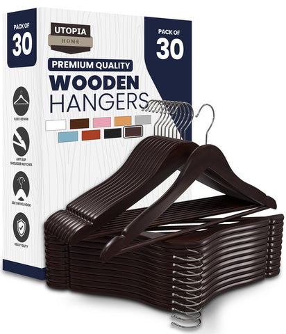 Utopia Home premium wooden hanger 30 pack preserves garment shape in a neat closet.