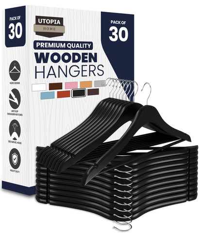 Utopia Home premium wooden hanger with contoured shoulders preserves jacket shape.