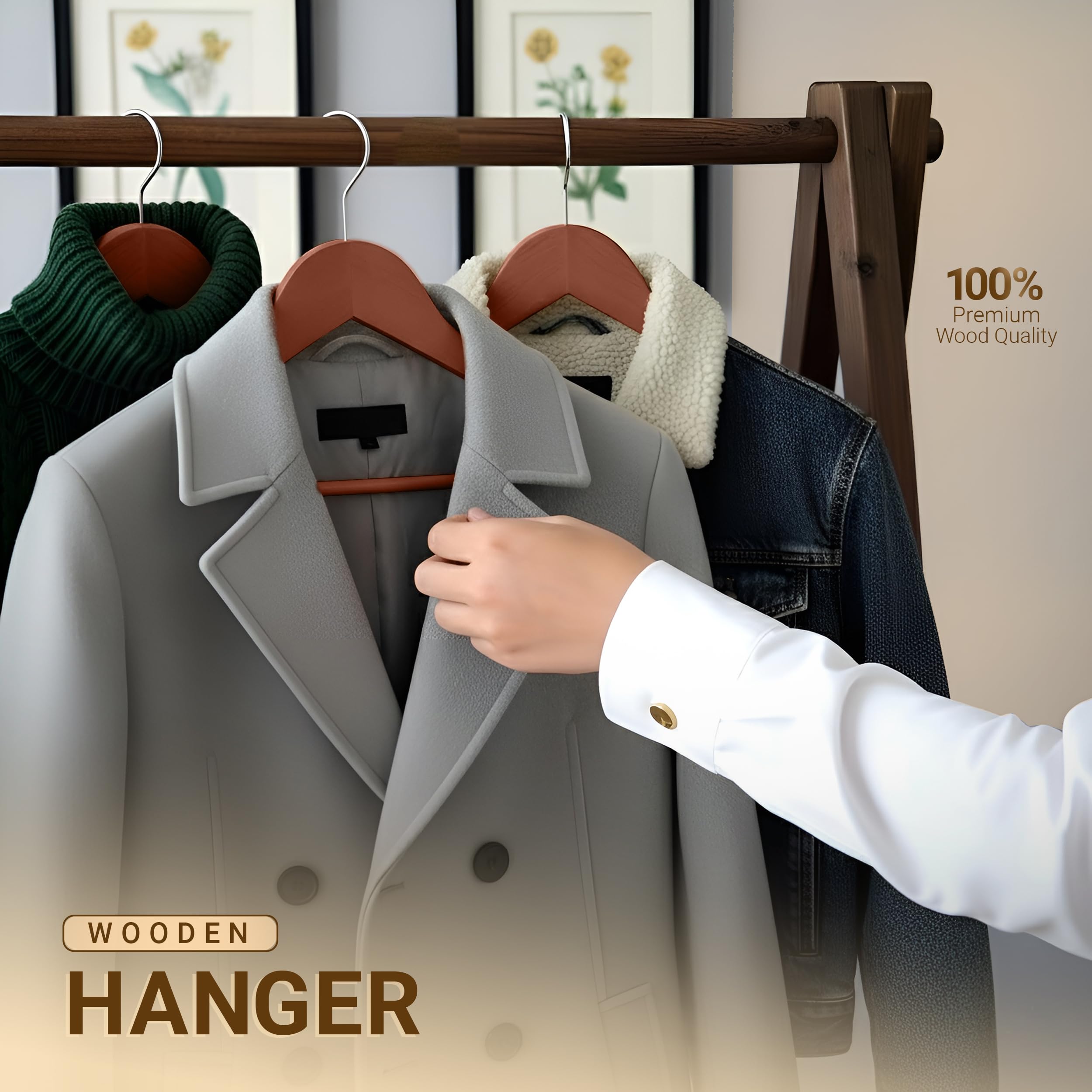 Utopia Home premium wooden hangers save closet space and reduce clutter
