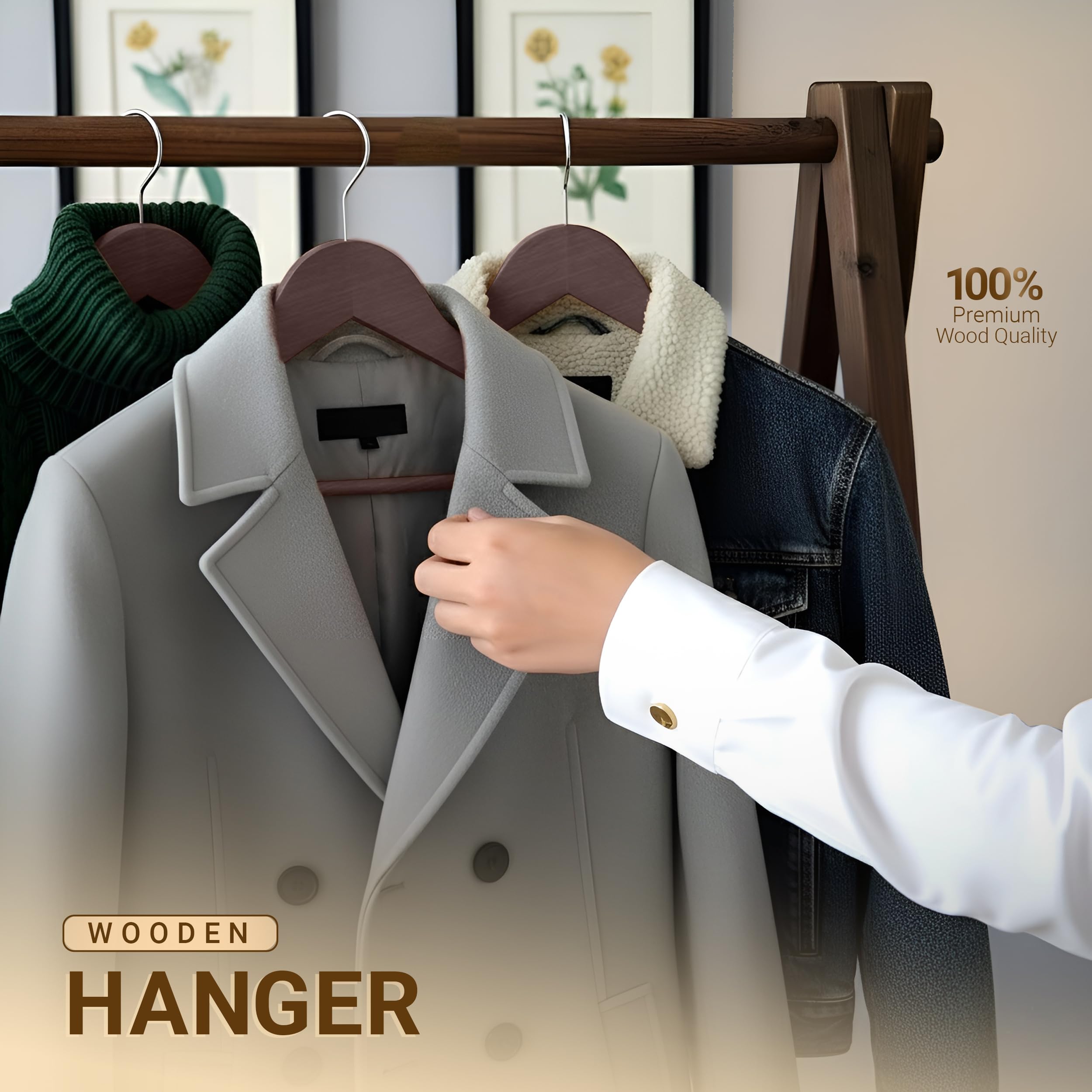 Utopia Home space-saving wooden hangers maximizing closet capacity.