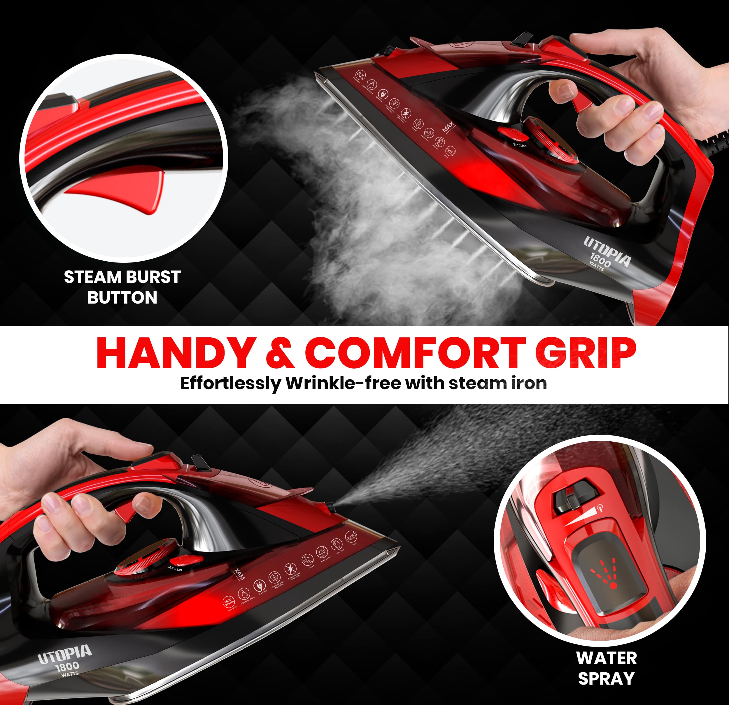 Utopia Home steam iron with 360-degree swivel cord for effortless maneuverability