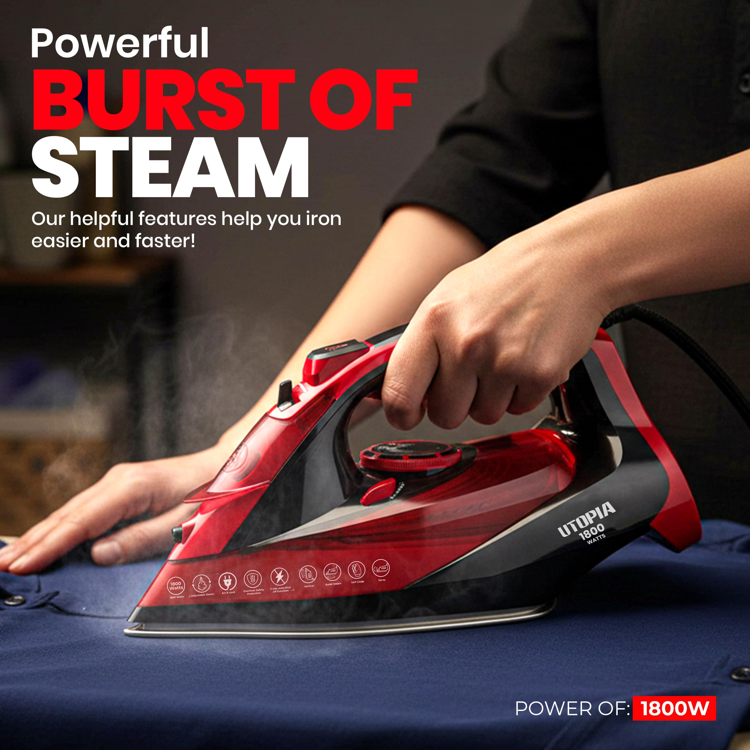 Utopia Home steam iron featuring self-clean and anti-calc for durability