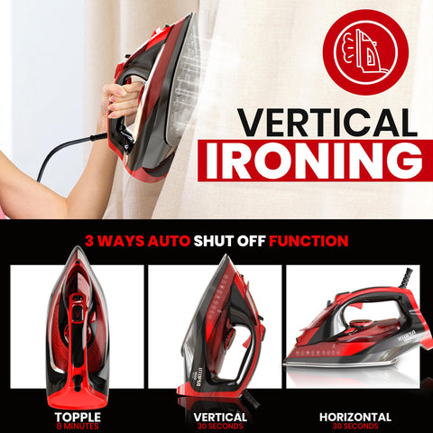 Utopia Home steam iron performing vertical steaming on a hanging shirt