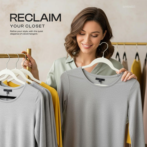 Utopia Home Velvet Hangers side view showcasing slim design for efficient closet layout