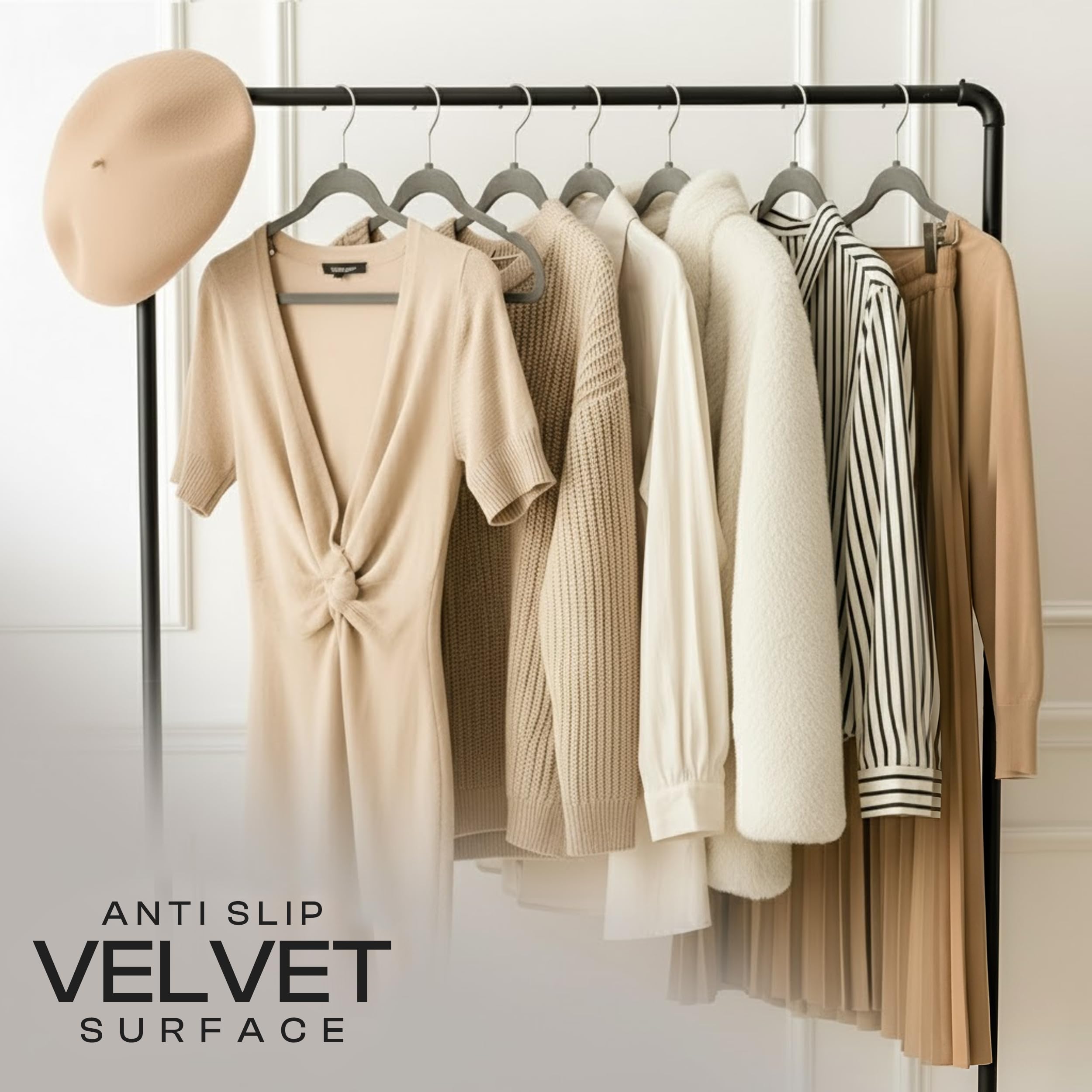 Utopia Home velvet hangers feature a slim profile to save space.