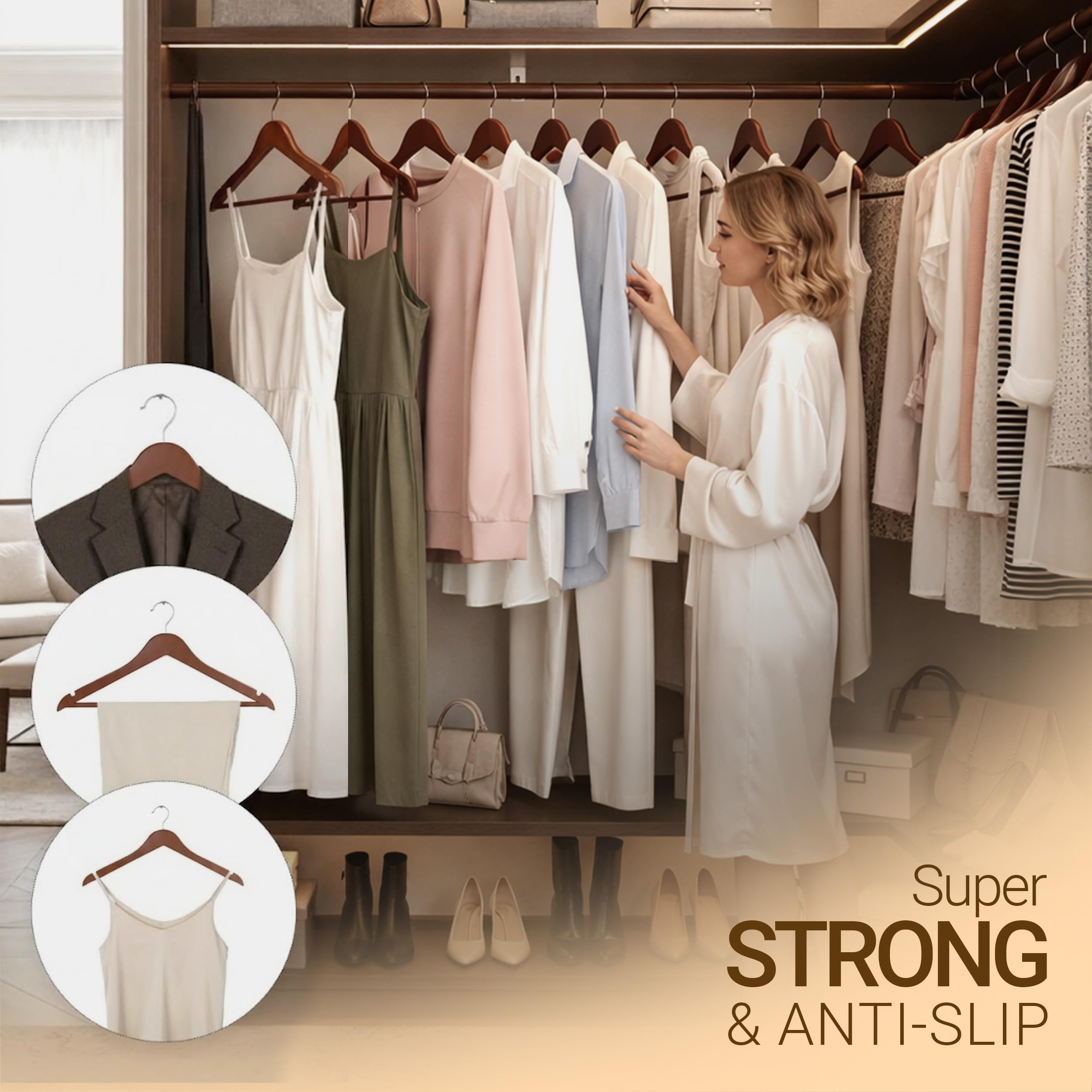 Utopia Home wooden hangers in a tidy closet keep wardrobe organized.