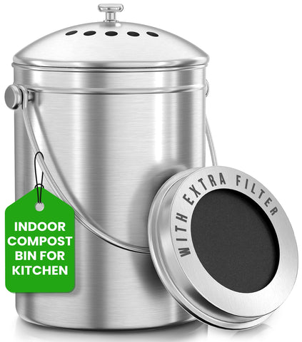 Utopia Kitchen compost-bin on countertop with 1-gallon capacity and silver finish