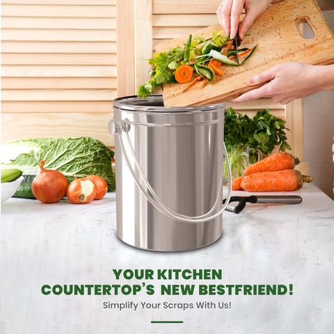 Utopia Kitchen compact compost-bin on kitchen countertop setup